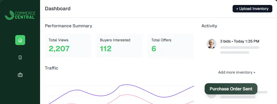 Seller dashboard preview showing analytics and order metrics